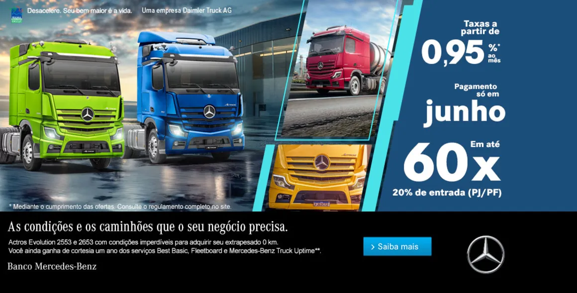 Mercedes-Benz oferece taxas a partir de 0,95% a.m. e pagamento em até 60 meses para financiamento de caminhões extrapesados Actros